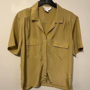 Faux silk beige short sleeve button down t shirt